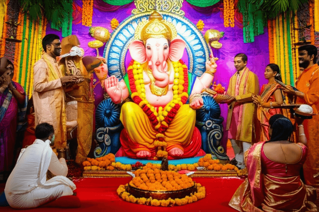 Vreugdevolle viering van Ganesh Chaturthi met toegewijden en een Ganesh idool