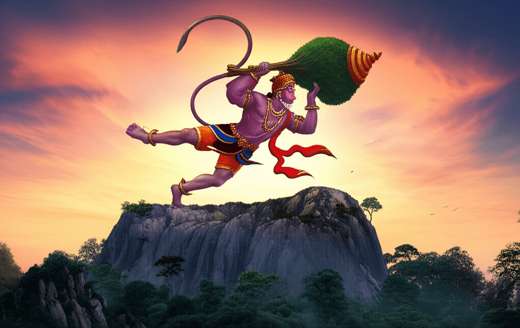 Heer Hanuman die de Sanjeevani berg draagt om Lakshmana te redden