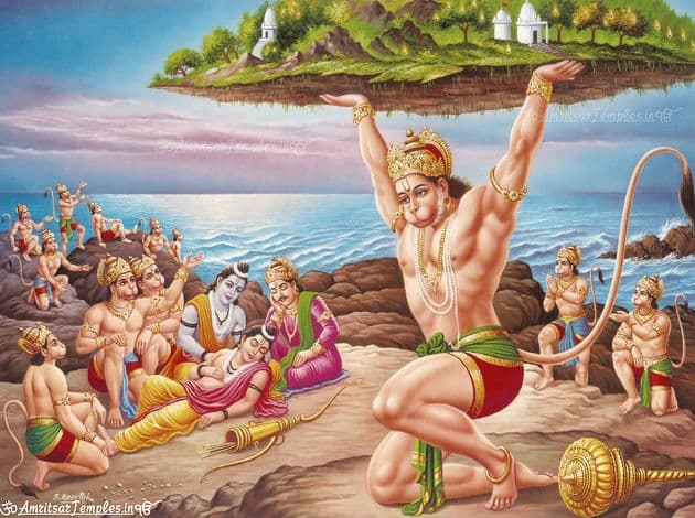 Heer Hanuman in toegewijde dienst aan Heer Rama en Sita