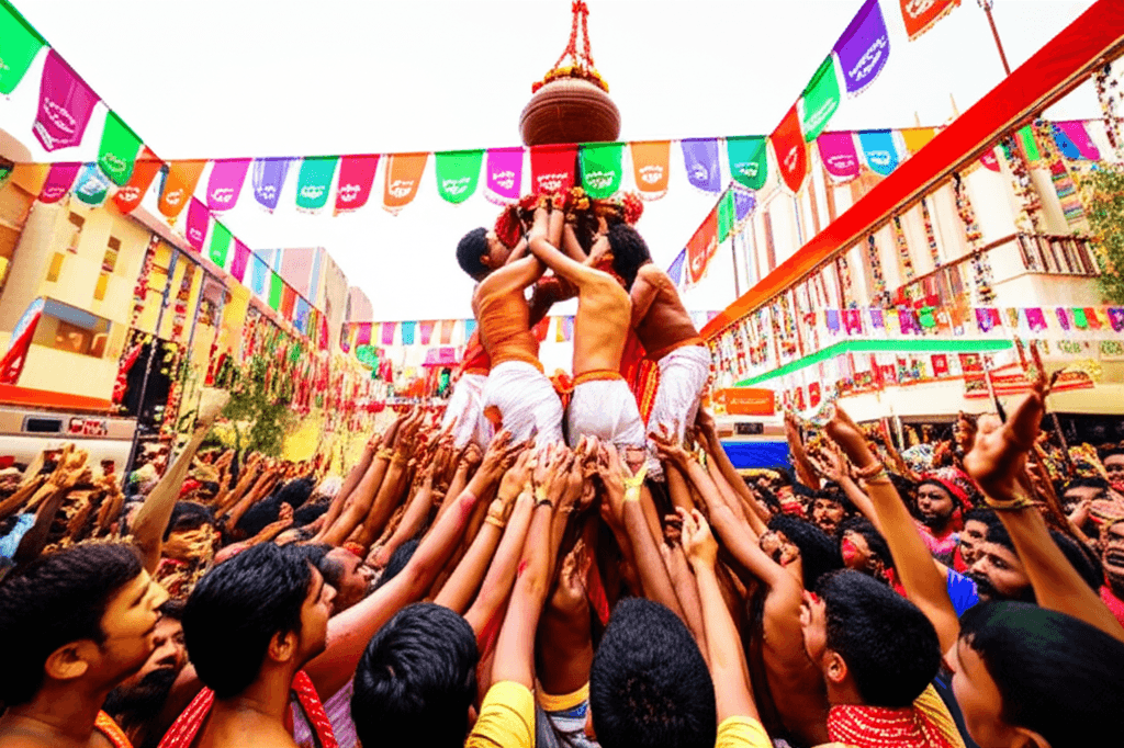 Energieke Dahi Handi viering tijdens Janmashtami