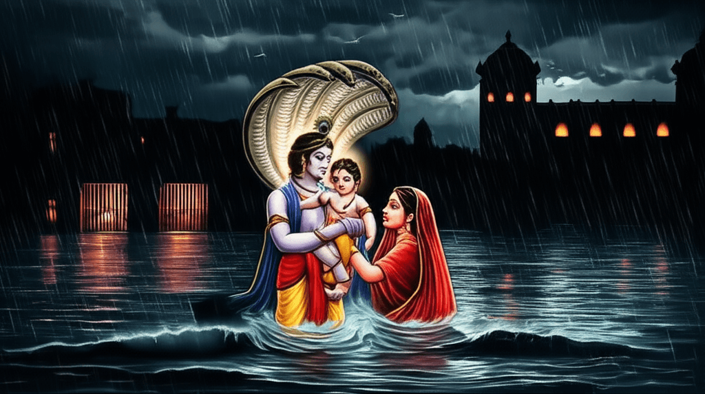 Artistieke weergave van Vasudeva die baby Krishna over de Yamuna rivier draagt