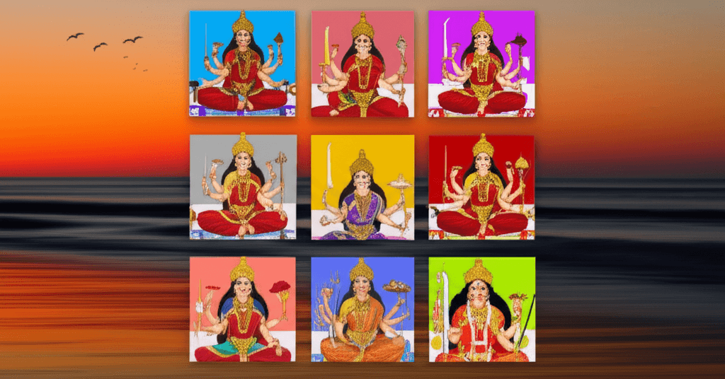 Artistieke collage van de negen vormen van Godin Durga
