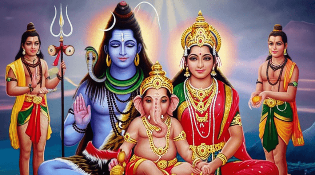 De heilige familie: Shiva, Parvati, Ganesha en Kartikeya