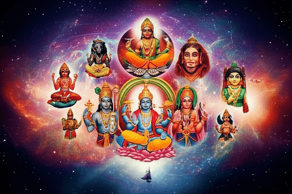 Artistieke collage van de tien avatars (Dashavatara) van Heer Vishnu