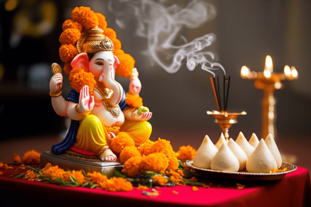 Feestelijke Ganesh pooja opstelling met een beeld van Heer Ganesh, modaks en bloemen