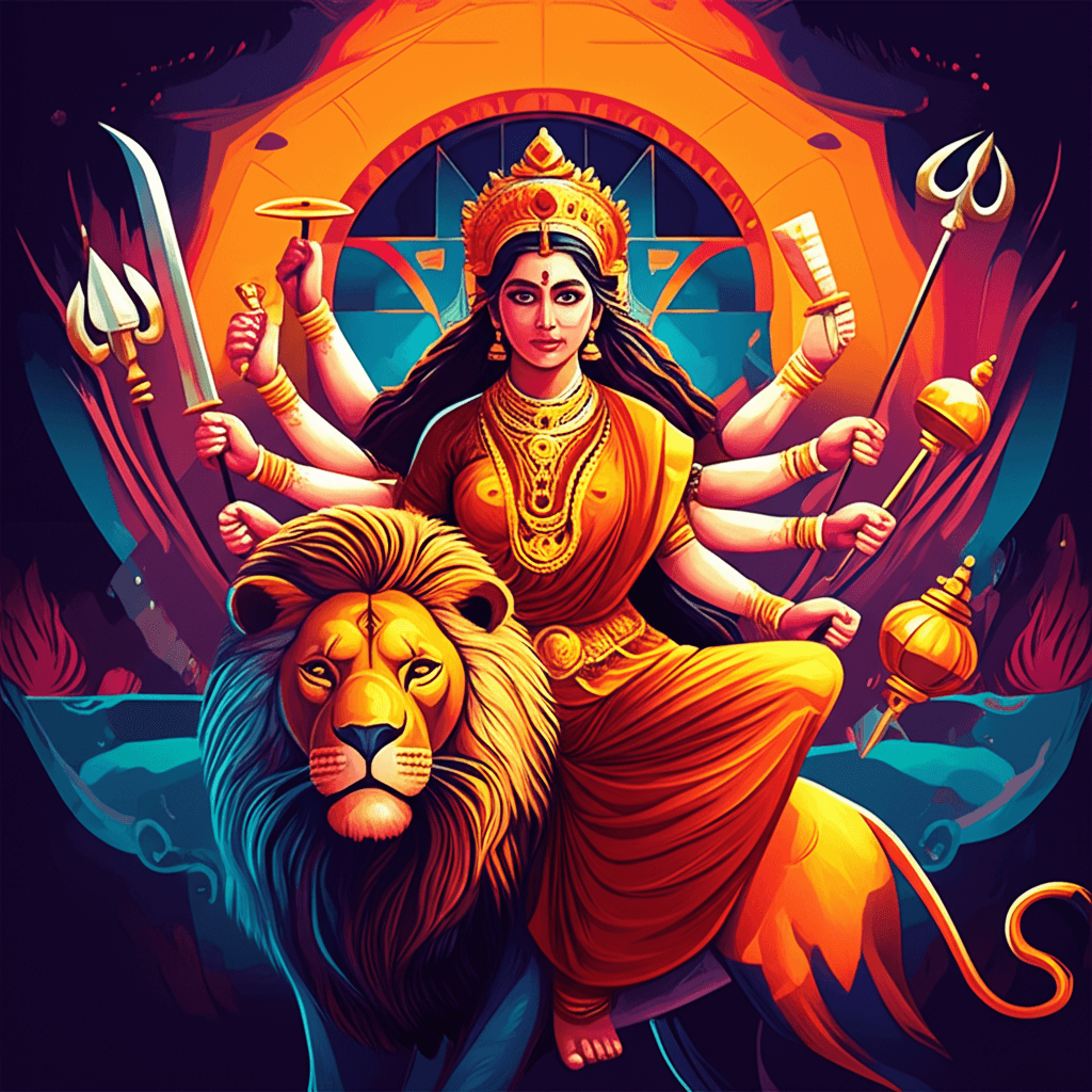 Godin Durga met haar vele armen en wapens, stralend van goddelijke kracht