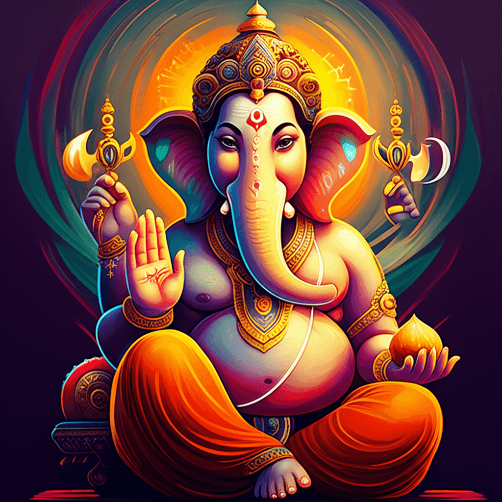 Heer Ganesh zittend met een modaka in zijn hand, stralend van wijsheid