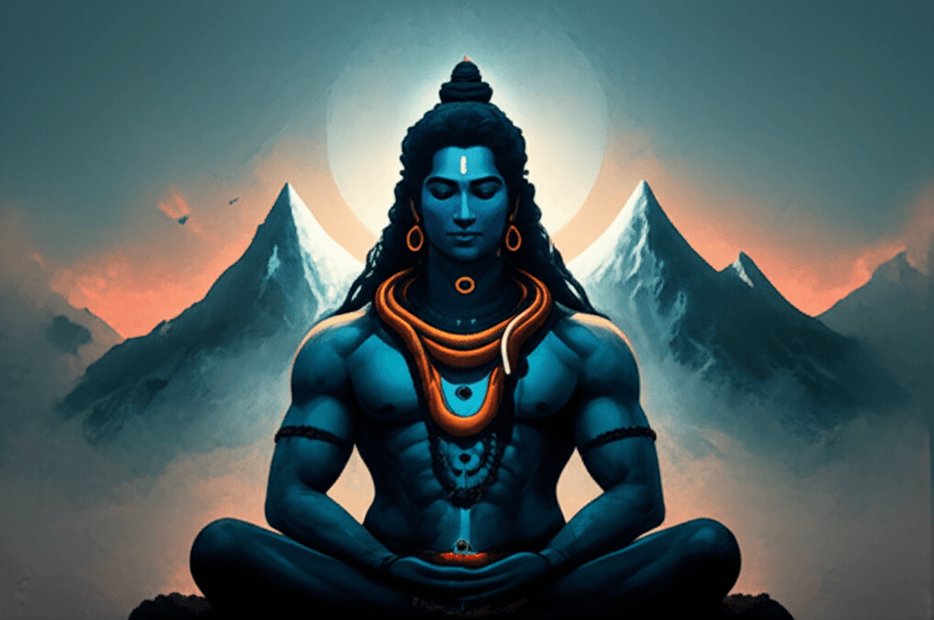 Heer Shiva in diepe meditatie, omgeven door een goddelijke aura