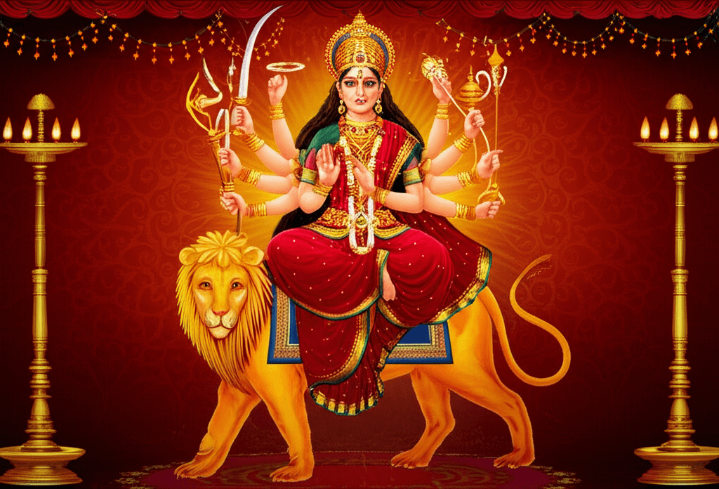 Godin Durga afgebeeld met haar vahana (rijdier) en wapens, symbool van Navratri