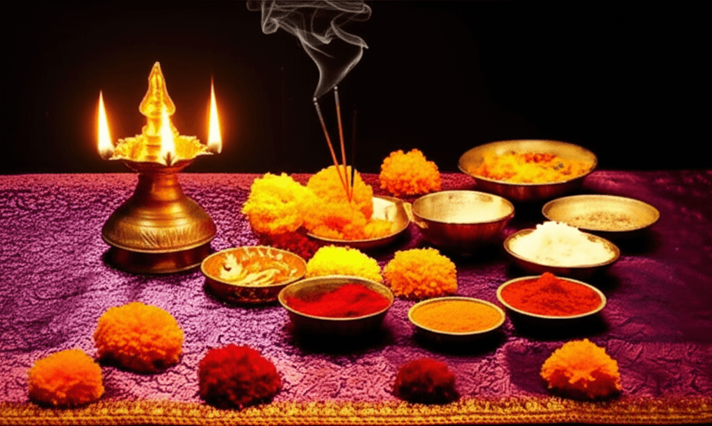 Rituele voorwerpen voor een Hindoe pooja ceremonie