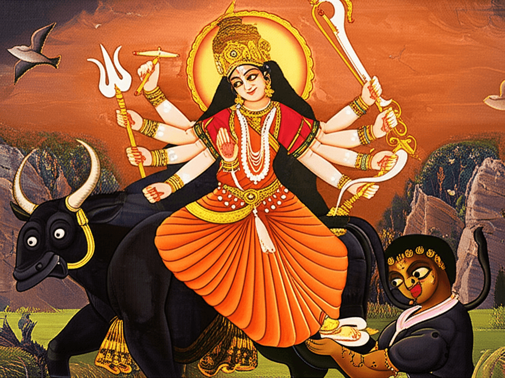 Godin Durga die de buffeldemon Mahishasura verslaat in een dynamische strijd