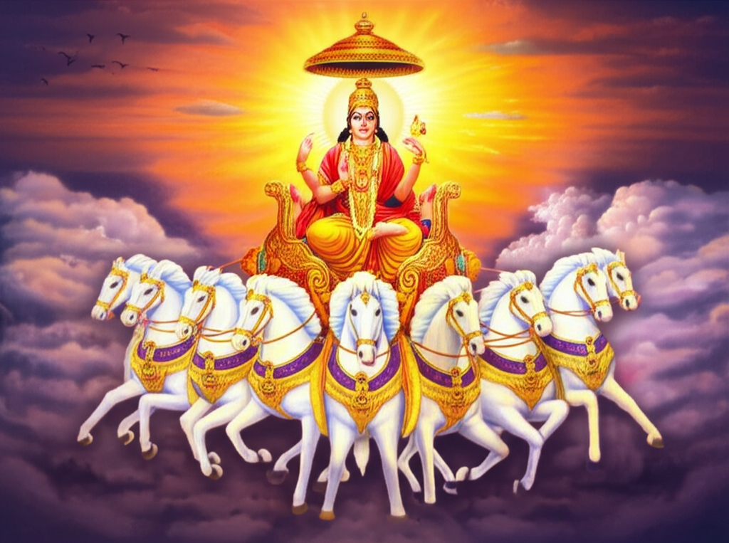 Surya op zijn zonnewagen met zeven paarden